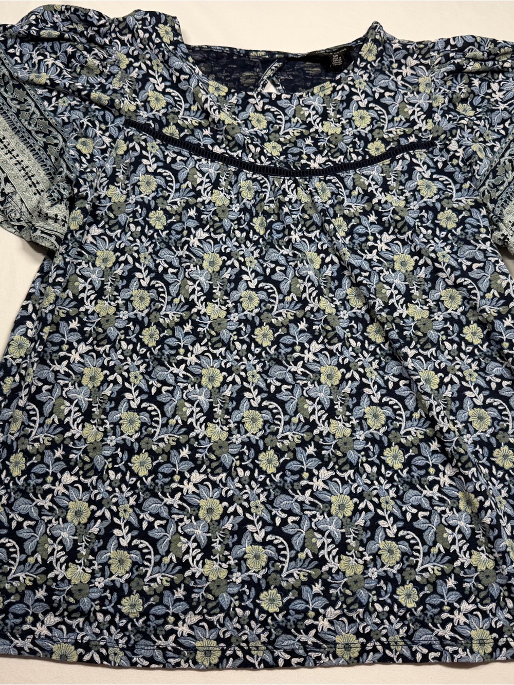 Lucky Brand Womans  S/P Navy Floral Embroidered Short Sleeve Top